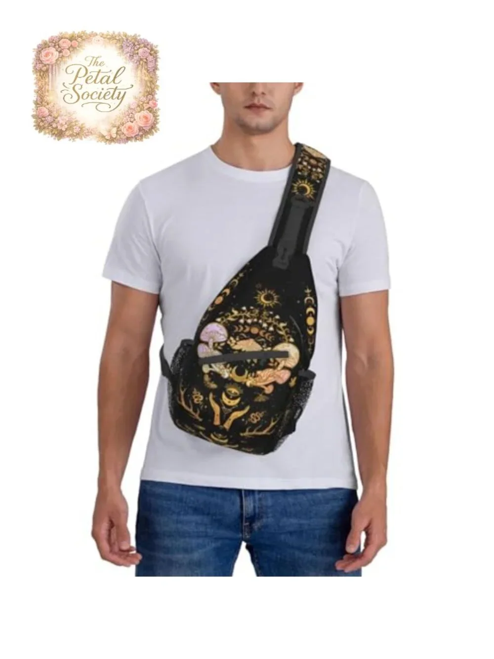 Witchy Crossbody Sling Bag with Moth Moon Mushroom Print, Polyester Travel Bag